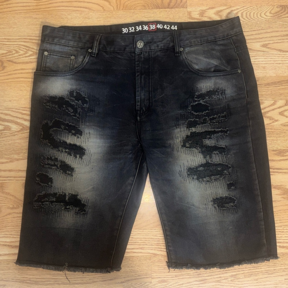 Denim House Shorts Mens Black Denim Jorts Grunge Ripped Y2K Skater Size 38